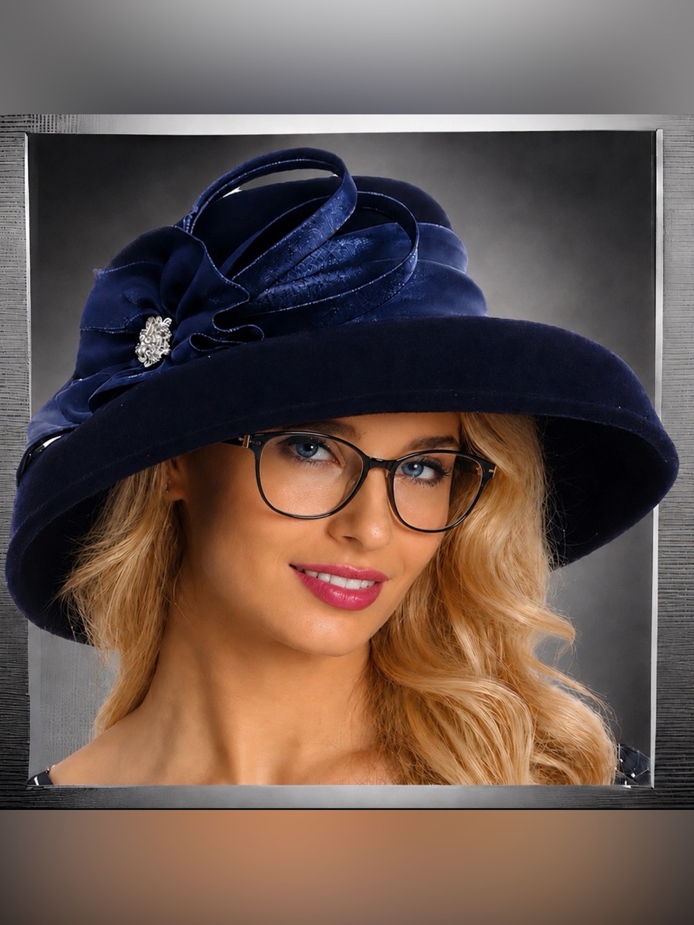 Forbusite Women's Navy Lampshade Hat with Decorative Flower NEW